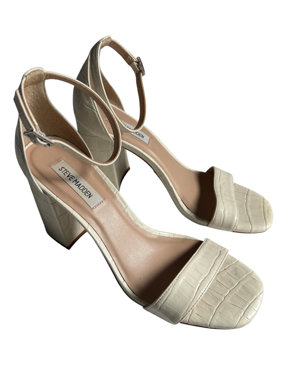 Steve Madden Womens 9 Dillion Ankle Strap Block Heel Sandal Cream Ivory Leather